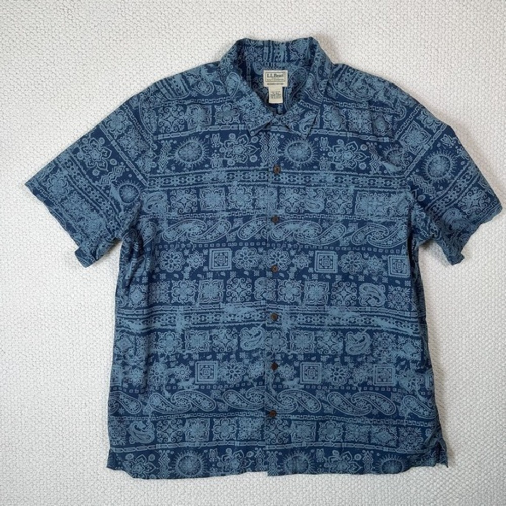 LLBean‎ Loop Collar Camp Shirt XL Mens Blue Paisley Hawaiian Tribal